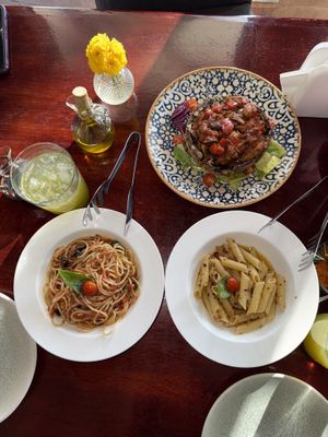 Portobello ask it without cheese plus pomodoro spaghetti and penne aglio e olio (garlic and oil)  at La Casa de la Pasta in Acapulco