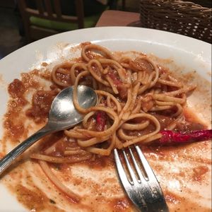 great egg plant and mushroom spicy pasta dish at Ko-So Cafe in Tokyo