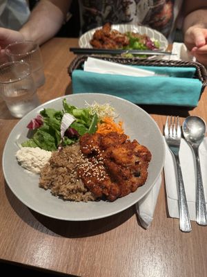 Tasty soy meat with brown rice and salad   at Ko-So Cafe in Tokyo
