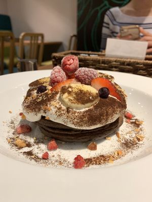 Cocoa pancakes with soy whip, fruits and syrup at Ko-So Cafe in Tokyo