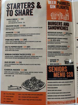 Menu Aug 2025 - no vegan options at Great Ocean Road Brewhouse in Apollo Bay