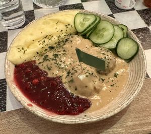 Vegan meatballs  at Meatballs & Pancakes in Stockholm