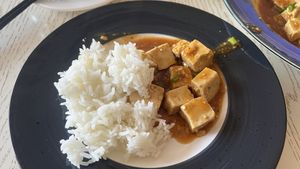 my plate, i combined steamed rice with mapo tofu  at Chinese Food City in Bukhara