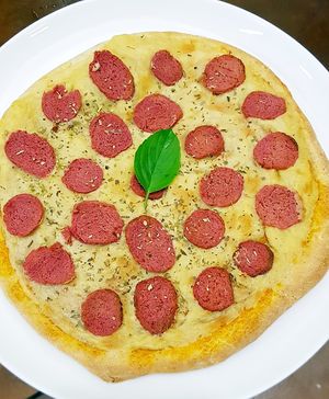 Peperoni vegan pizza at Raízes Zen Perdizes in Sao Paulo