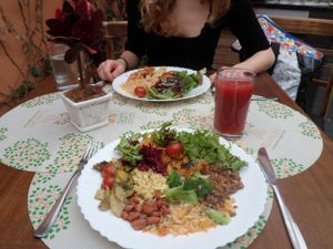 Our plates of food (about 11reals each)plus a watermelon and ginger juice at Raízes Zen Perdizes in Sao Paulo