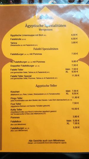 Speisekarte at Falafelhaus Pingu in Ulm
