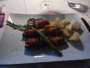 Potatoes, grilled vegetables, stuffed eggplant at Restavracija Brič in Koper