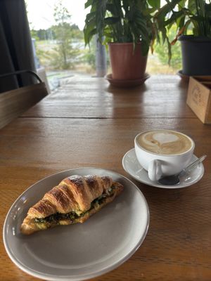 Vegan Pesto crossaint + oat milk cappuccino   at The Musterer's Hut Cafe in Twizel
