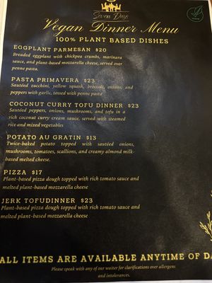 Dinner menu  at Seven Days  in Dennis