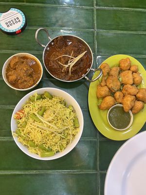 Chicken curry, mutton curry, pulao rice and fried cauliflowerr  at The Ganga @ Central Market in Kuala Lumpur