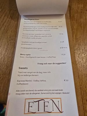 Main menu (august 2025) at Kosmopoliet in Bruges