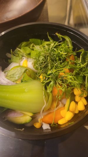 Vegetables and noodles of the vegan pho #Veganuary at Milliways Broth Noodle & Bao in Mumbai