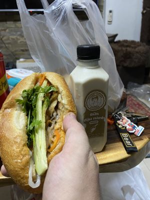 Vegan banh mi and soy milk  at Thanh Thanh Kitchen in Hanoi