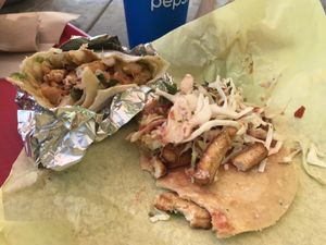 Tofu taco & tofu fajita burrito (sub non-dairy sauce on both). Looks messy but so delicious! Must try! at Joel's Mexican Food in Sandpoint