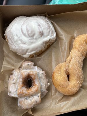 Cake donut, regular donut, cinny bun at Glory Doughnuts & Diner in Frederick