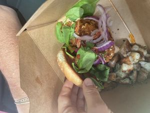 Orange chiken sammy w/ potatoes  at Glory Doughnuts & Diner in Frederick