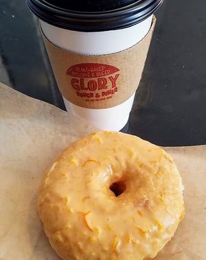 Coffee and a "blood orange" doughnut, YUM! at Glory Doughnuts & Diner in Frederick