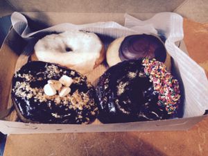 chai tea, peanut butter, chocolate sprinkle, s'mores at Glory Doughnuts & Diner in Frederick