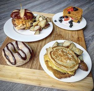 Wonton burger (amazing) French toast. Doughnut. Just egg griddle cakes   at Glory Doughnuts & Diner in Frederick