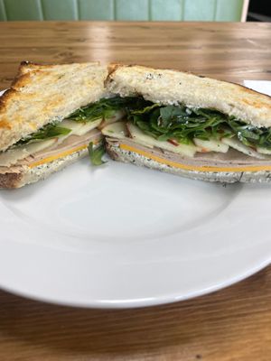Turkie chedda sandwich with apple, cheese and vegan cream cheese at The Conscious Cafe in Lethbridge