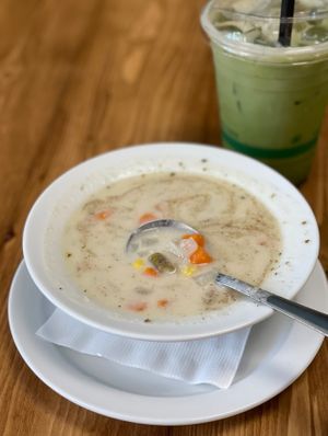 Loaded veggie soup and iced matcha  at The Conscious Cafe in Lethbridge