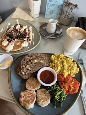 Pancakes with coconut yoghurt and blueberry compote. Faux Irish breakfast. Yum!  at The Lighthouse Cafe in Galway