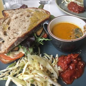 Vegan ‘BLT’ with a cup of vegan soup  at The Lighthouse Cafe in Galway