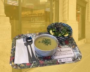 Soup and seasonal bowl, superposed over front of Le Botaniste at Le Botaniste - Penn Plaza in New York City