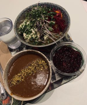 Black bean soup, custom bowl, chia dessert  at Le Botaniste - Penn Plaza in New York City