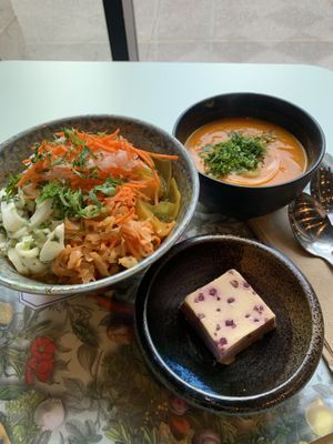 Carrot soup, custom bowl, raspberry dessert  at Le Botaniste - Penn Plaza in New York City