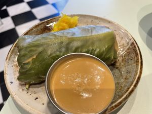 Salad roll (summer roll?) with the best peanut sauce ever!!  at Le Botaniste - Penn Plaza in New York City
