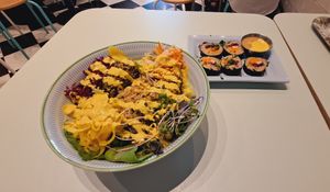 Botanical Salad and Veggie Sushi Roll on the side 😋 at Le Botaniste - Penn Plaza in New York City