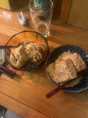 Vanilla ice cream with black sesame syrup and another desert I forgot the make of   at Vegan Izakaya Nowhere in Tokyo