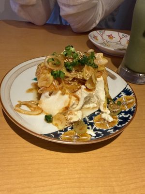 Pirikara Negi Hiyayakko (Japanese leeks in a rich chilli and sesame dressing served on a chilled tofu block)  at Vegan Izakaya Nowhere in Tokyo