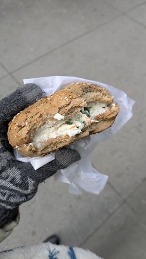 Wholemeal bagel with veg tofu at La Bagel Delight  in Brooklyn
