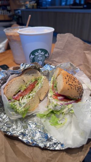 The vegan (tofu based) cream cheese with salad on a poppy seed bagel  at La Bagel Delight  in Brooklyn