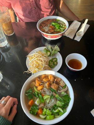 Lunch portions of the pho with “chicken” and pho with “steak” at Lotus Moon Vegan Pho in Boulder