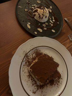 Desserts (tiramisù e semifreddo con croccante di mandorle interno)  at Tamerice - Osteria Vegetale in Livorno