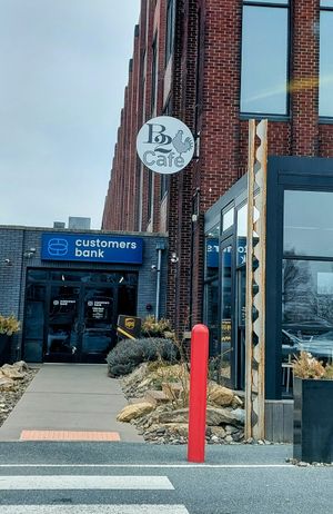 Cafe is to the side of the large restaurant, apartments above at B2 Bistro + Bar  in West Reading