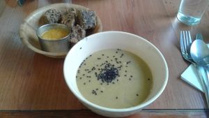 Cauliflower soup, bread and sauce to dip at La Fraternal in Santiago