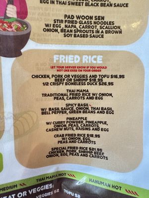 Menu specifies that you can request no eggs   at Thai Mama in Cranford