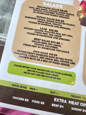 Menu notes that no fish sauce is used   at Thai Mama in Cranford