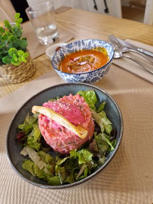 Soup and potato salad  at Cor del Pilar in Valencia