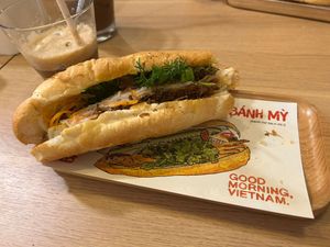 Vegan Bahn mi; vegan butter,  faux chicken, faux shredded pork/beef and fresh veggies   at The Bahn Mi Station in Hanoi