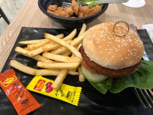 Tomato soy vegan burger  at Greendot 绿一点 - Bedok Mall in East Singapore
