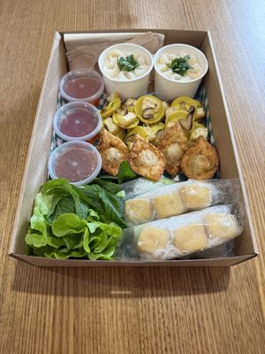 Leafy Eats Feasting Platter! Crispy Wontons, Tofu Rice Paper Rolls, Mini Savoury Pancakes, Coconut Tapioca Pearls with Longan Fruitt  at Leafy Eats in Austral