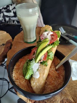 Tacos dorados de no-pollo ahogados en sopa! Delicioso 😋 at Veggie Sweet Point in Mexico City
