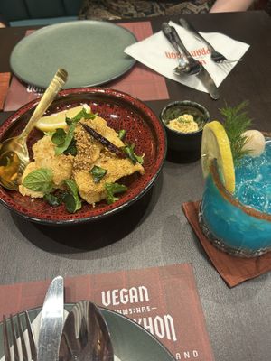 The fried coconut dish  at Vegan Pranakhon in Bangkok