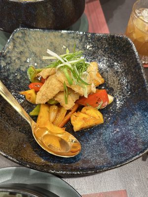 Coconut meat with sweet and sour sauce  at Vegan Pranakhon in Bangkok