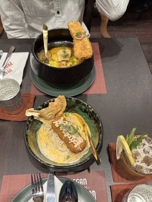 Northern style soup (top) and panang curry (bottom)   at Vegan Pranakhon in Bangkok